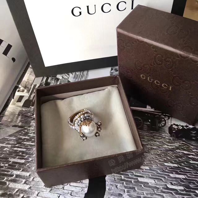 GUCCi飾品 爆款古馳珍珠戒指 Gucci復古珍珠藤蔓花瓣戒指  zgbq1125